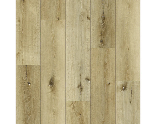 Vloerbedekking in houtlook met natuurlijke houtnerven en noesten in licht eiken design.