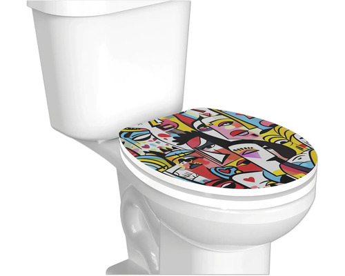 Toiletbril met abstract kleurrijk pop-art patroon op een wit toilet.