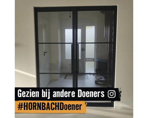 Dubbele glazen deur met zwart metalen frame en horizontale roedes in een lichte hal.