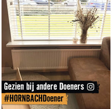 Paneelradiator onder een raam met witte jaloezieën en een vaas op de vensterbank naast een bank in een lichte woonkamer.