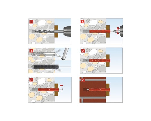 Instructies voor het installeren van een plug in een muur.