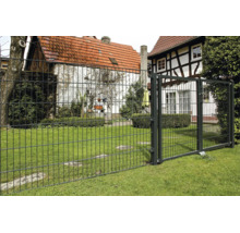 Antracietkleurig dubbelstaafmathek en poort van metaal in een lichte, verzorgde tuin op een gazon.