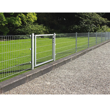 Verzinkt dubbelstaafmathekwerk met bijpassende tuinpoort op een gazon langs een grindpad.