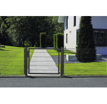 Antracietkleurig dubbelstaafmathekwerk met bijpassende tuinpoort in een voortuin met geplaveid pad en wit huis.