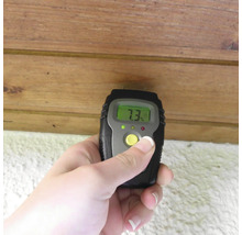 Digitale vochtmeter meet het vochtgehalte van hout, display geeft 7.3 procent aan.