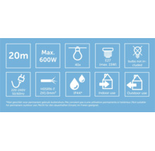 Symbolen: 20 meter, maximaal 600 Watt, 40 E27 fittingen maximaal 15 Watt, zonder lichtbronnen, beschermingsgraad IP44, voor binnen en buiten.