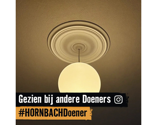 Plafondrozet met een hangende bolvormige pendellamp. Tekst: Gezien bij andere Doeners, hashtag HORNBACHDoener, Instagram logo.