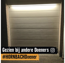 Sectionaal garagedeur met horizontale panelen in een bakstenen muur, van bovenaf verlicht door een lichtbron.