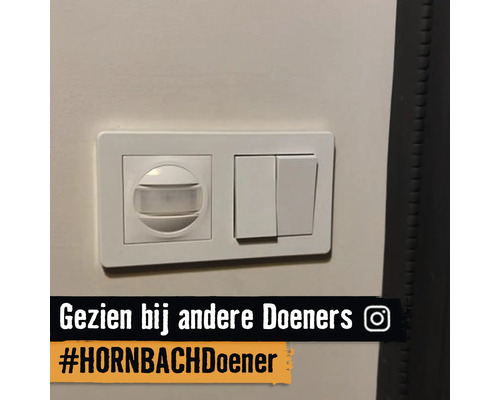 Witte bewegingsmelder en dubbele wipschakelaar in een gecombineerd frame op een muur gemonteerd.