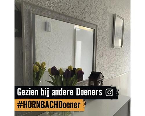 Rechthoekige wandspiegel met structuurlijst op een dressoir met tulpen voor een behangen wand. Instagram Logo.