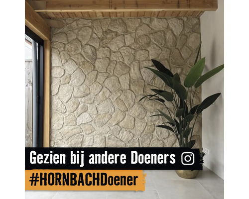 Accentmuur met natuursteenstrips in een lichte kamer met een houten plafond, een grote plant en Instagram Logo.