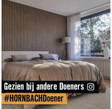 Slaapkamer met wandpanelen van houten latten achter het bed, raam met gordijnen en een vloerlamp. Instagram Logo.