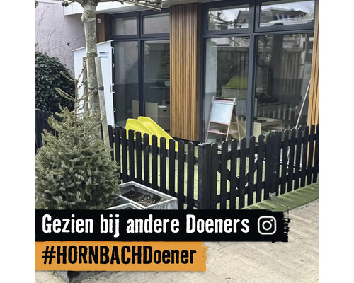 Zwart houten hekwerk voor een modern gebouw met glazen pui, een plantenbak met naaldboom en kunstgras.