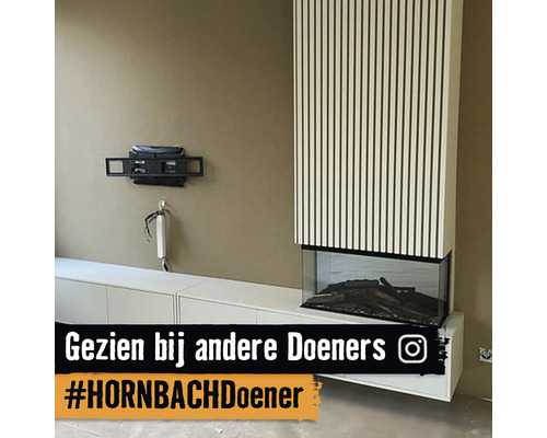 Moderne woonkamer met wit laag meubel, glazen haard met houten lattenwand erboven en televisie-muurbeugel. Instagram Logo.