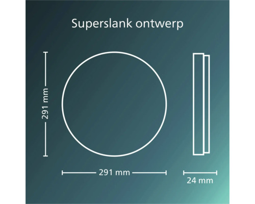 Technische tekening van een rond led-paneel met afmetingen: diameter 291 millimeter en diepte 24 millimeter. Tekst vermeldt superslank ontwerp.