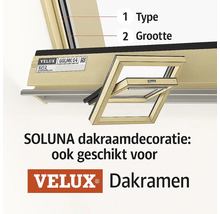 Detailweergave van een Velux dakraam met aanwijzingen voor type en grootte voor Soluna raamdecoratie. Velux Logo.