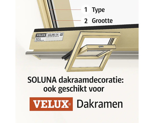 Detailweergave van een Velux dakraam met aanwijzingen voor type en grootte voor Soluna raamdecoratie. Velux Logo.