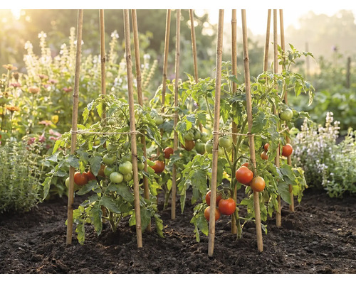 Tomatenplanten met rijpende vruchten, ondersteund door bamboestokken in een zonnige moestuin met donkere aarde.