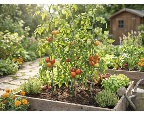 Tomatenplanten in een houten verhoogde border, ondersteund door spiraalvormige plantensteunen van metaal, omringd door kruiden in een lichte tuin.