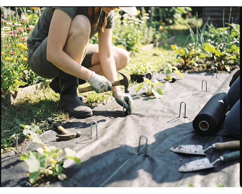 Een persoon legt worteldoek in de tuin en zet het vast met grondpennen en een hamer.