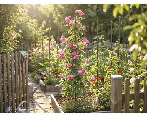 Lichte moestuin met houten moestuinbakken, een klimroos aan een plantensteun, tomatenplanten, gieters en een houten hek.