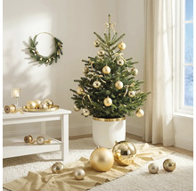 Gedecoreerde kleine kerstboom in witte pot met gouden kerstballen en strikken in lichte woonkamer met een bijpassende krans aan de wand.