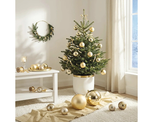 Gedecoreerde kleine kerstboom in witte pot met gouden kerstballen en strikken in lichte woonkamer met een bijpassende krans aan de wand.