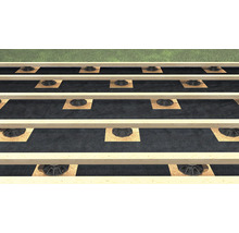 Onderbouw van een terras met houten balken op verstelbare terrasdragers over worteldoek.