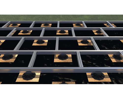 Terras onderconstructie van aluminium met verstelbare tegeldragers op onderlegpads in een roosterstructuur.