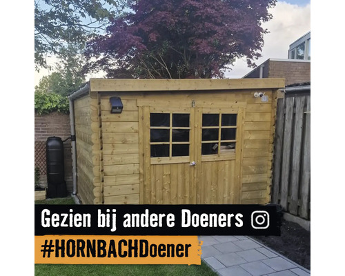 Houten tuinhuis met dubbele deur en ruitjes in een tuin naast een regenton.