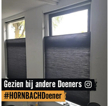 Donkere plissé gordijnen voor twee ramen in een lichte kamer met de tekst Gezien bij andere Doeners en het Instagram Logo.