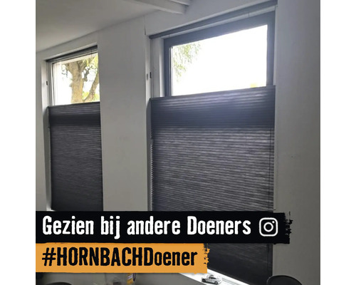 Donkere plissé gordijnen voor twee ramen in een lichte kamer met de tekst Gezien bij andere Doeners en het Instagram Logo.