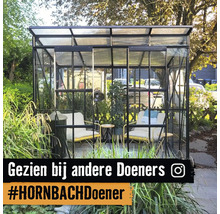 Een tuinkas in de tuin, ingericht als een gezellige zithoek met twee fauteuils en planten.