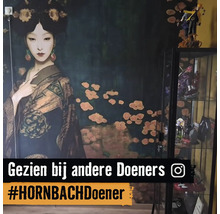 Grote muurschildering met een portret van een vrouw in Japanse kleding naast een glazen vitrinekast met verzamelfiguren.