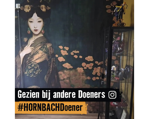 Grote muurschildering met een portret van een vrouw in Japanse kleding naast een glazen vitrinekast met verzamelfiguren.