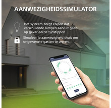 Aanwezigheidssimulator voor Smart Home via app op smartphone voor een huis, toont tijdschema voor verlichting en beveiliging.
