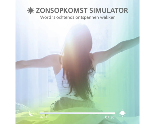 Zonsopkomstsimulator toont een persoon die 's ochtends bij helder licht wakker wordt, met een tijdlijn van 07:00 tot 07:30 uur.
