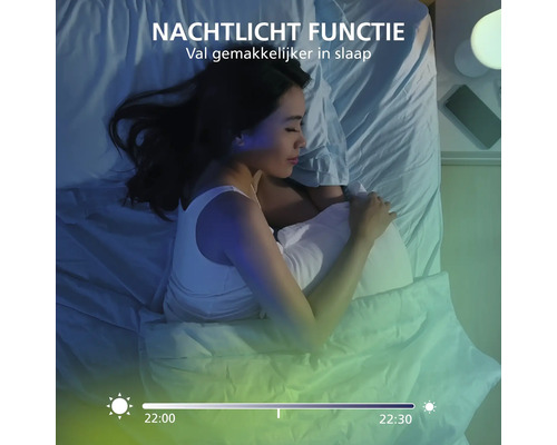 Nachtlichtfunctie om gemakkelijker in slaap te vallen met een slapende vrouw in bed en een tijdlijn voor het dimmen van 22:00 tot 22:30 uur.