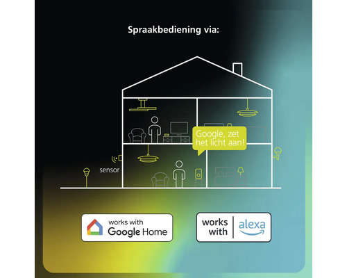 Illustratie van smart home spraakbediening voor verlichting en sensoren. Google Home Logo en Amazon Alexa Logo.