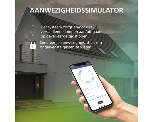 Aanwezigheidssimulator op smartphone met tijdsplanning voor verlichting voor een modern huis bij schemering om aanwezigheid te simuleren voor veiligheid.