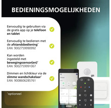 Overzicht van de bedieningsmogelijkheden voor slimme verlichting: app voor smartphone en tablet, afstandsbediening, bewegingssensor en wandschakelaar.