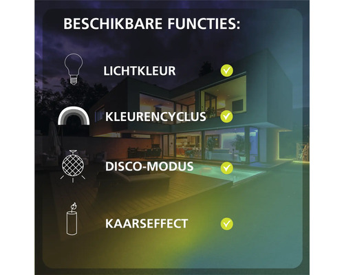 Infographic van verlichtingsfuncties: lichtkleur, kleurencyclus, disco-modus en kaarseffect. Modern huis met glazen pui en zwembad bij nacht.