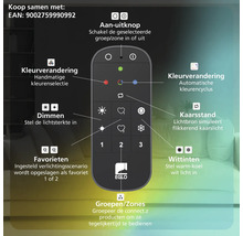 EGLO afstandsbediening met EGLO Logo voor slimme verlichting met uitleg over aan-uit, kleurkeuze, dimmen, wittinten en groepsbediening.