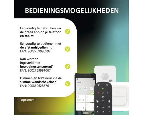 Overzicht van de bedieningsmogelijkheden voor slimme verlichting: app voor smartphone en tablet, afstandsbediening, bewegingssensor en wandschakelaar.