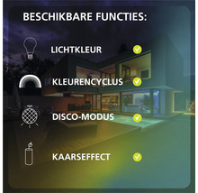 Infographic van verlichtingsfuncties: lichtkleur, kleurencyclus, disco-modus en kaarseffect. Modern huis met glazen pui en zwembad bij nacht.