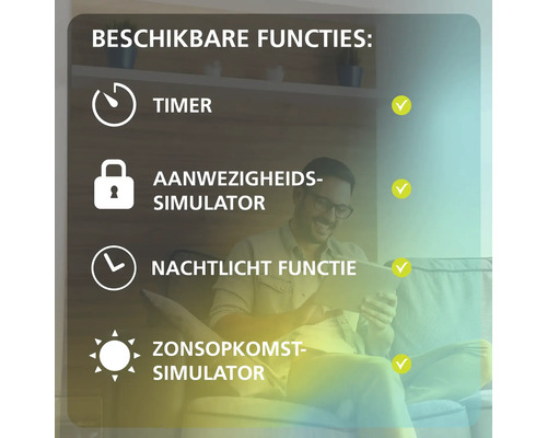 Infographic van beschikbare functies: timer, aanwezigheidssimulator, nachtlichtfunctie en zonsopkomst-simulator.