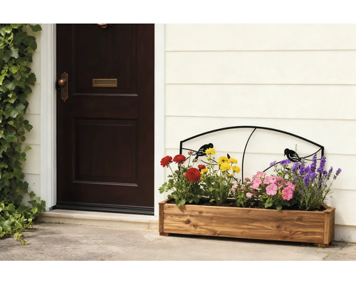 Houten plantenbak met kleurrijke bloemen en een zwart metalen klimrek met vogelmotief naast een donkere voordeur.