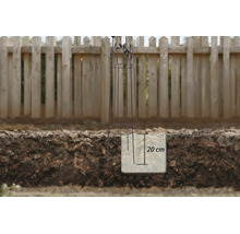 Metalen plantenobelisk met een insteekdiepte van 20 centimeter in de tuingrond voor een houten schutting.