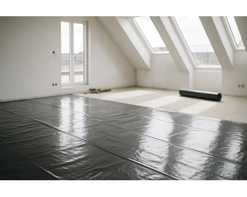 Zwarte dampremmende folie wordt gelegd op de vloer van een lichte, ruime zolderkamer met dakramen tijdens een renovatie.