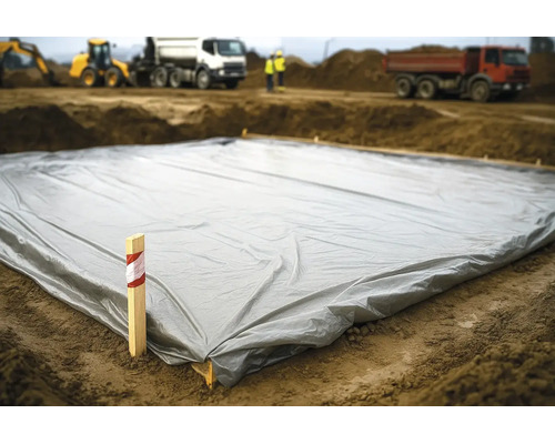 Grote grijze bouwfolie op de grond van een bouwplaats met graafmachines en vrachtwagens op de achtergrond.